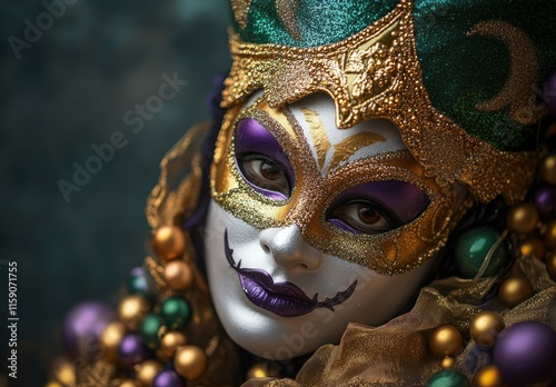 Elegant mask adorned with gold and vibrant colors, featuring intricate patterns, celebrating cultural festivity and artistic expression through elaborate makeup and detailed costume design photo