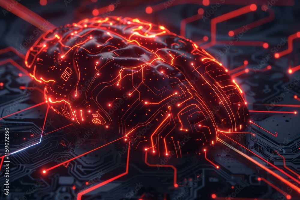 Glowing circuit brain on digital interface Glowing circuit brain on digital interface