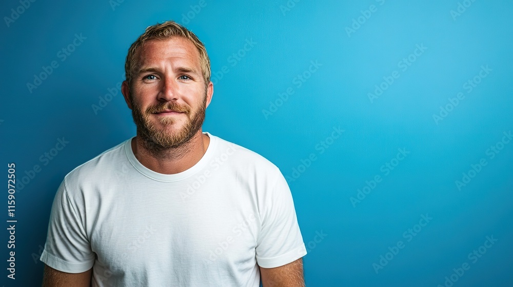 Smiling Blond Man Posing Cheerfully in White Shirt on Bright Blue Background Smiling Blond Man Posing Cheerfully in White Shirt on Bright Blue Background