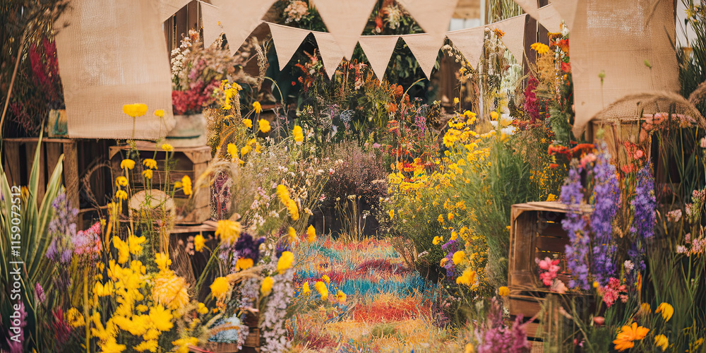 Fototapeta premium Vibrant Wildflower Garden Display Summer Floral Market Rustic Wooden Crates Colorful Flowers