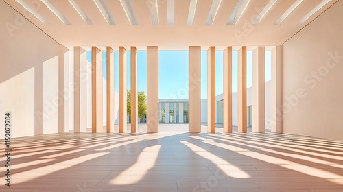 Wide Shot Photo: Sunlit Minimalist Architecture Interior, Daytime View. AI Generated