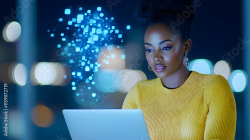 African woman typing on laptop, cloud service hologram and files backup