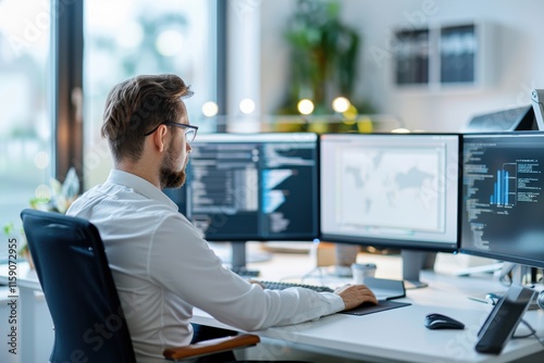 A focused man in a white shirt works on dual monitors, analyzing data in a modern office space filled with greenery.