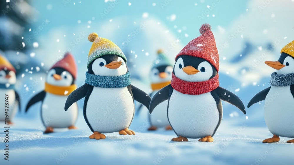 A lively winter scene where a group of penguins waddles across a snowy landscape, wearing colorful hats and scarves for a festive touch. A lively winter scene where a group of penguins waddles across a snowy landscape, wearing colorful hats and scarves for a festive touch.