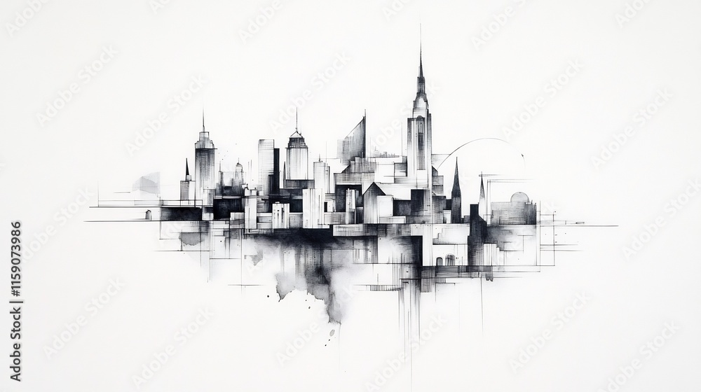 Fototapeta premium Stunningly Rendered Cityscape Illustration: A Black and White Minimalist Masterpiece. AI Generated