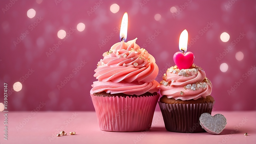 Against a gentle pink backdrop, a pink cupcake adorned with a heart and a glittering candle