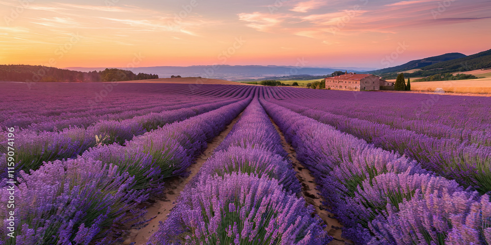 Obraz premium Sunset Lavender Field Rows Provence Farmhouse Scenic Landscape