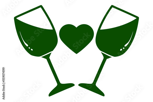 Two clinking wine glasses in silhouette forming a small heart shape where they meet