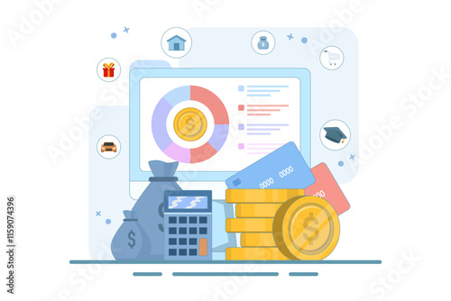Budget management concept. Personal financial control. Cash flow. Personal budget planning. Budget plan. Modern flat cartoon style. Vector illustration on white background.