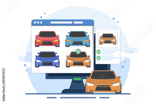 Concept of online car buying website or car rental shop comparison website via internet by choosing car on digital tablet computer, buy and sell web store. Flat vector illustration on background.