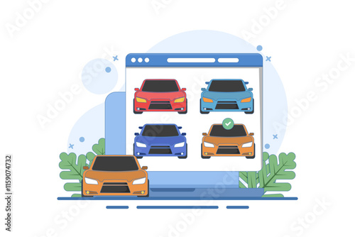 Concept of online car buying website or car rental shop comparison website via internet by choosing car on digital tablet computer, buy and sell web store. Flat vector illustration on background.
