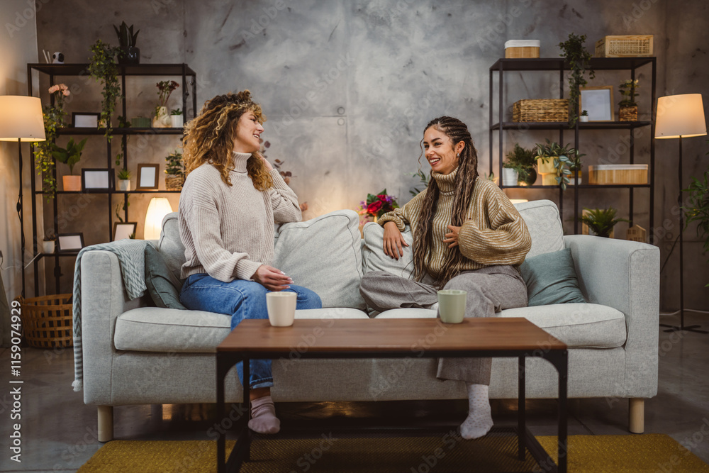 Obraz premium two young adult female friends sit on sofa and enjoy while chatting