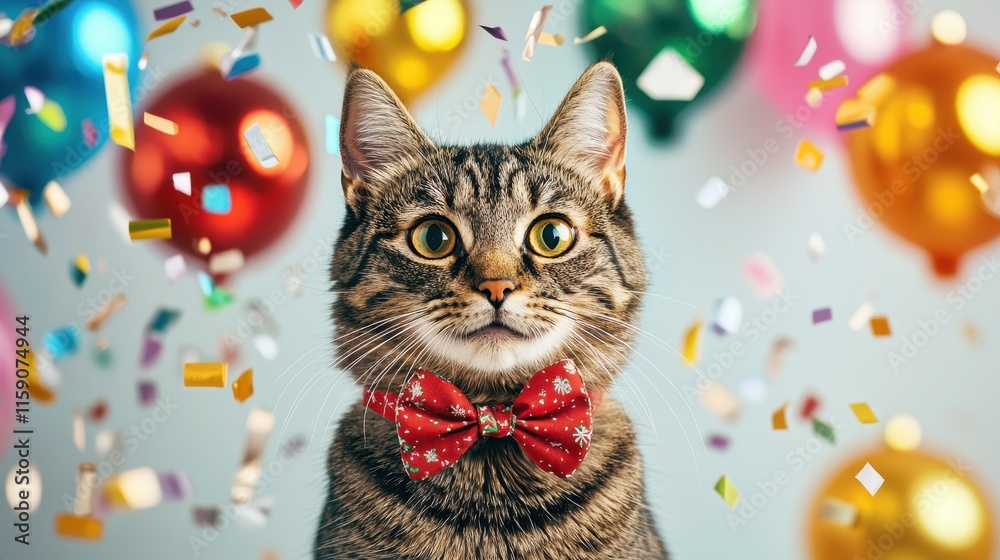 Festive cat with a bow tie surrounded by colorful balloons and confetti. Festive cat with a bow tie surrounded by colorful balloons and confetti.