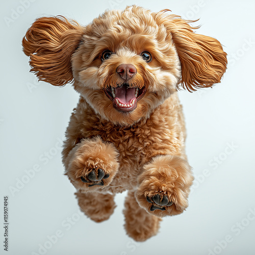 Small brown dog jumping with mouth open and ears flapping