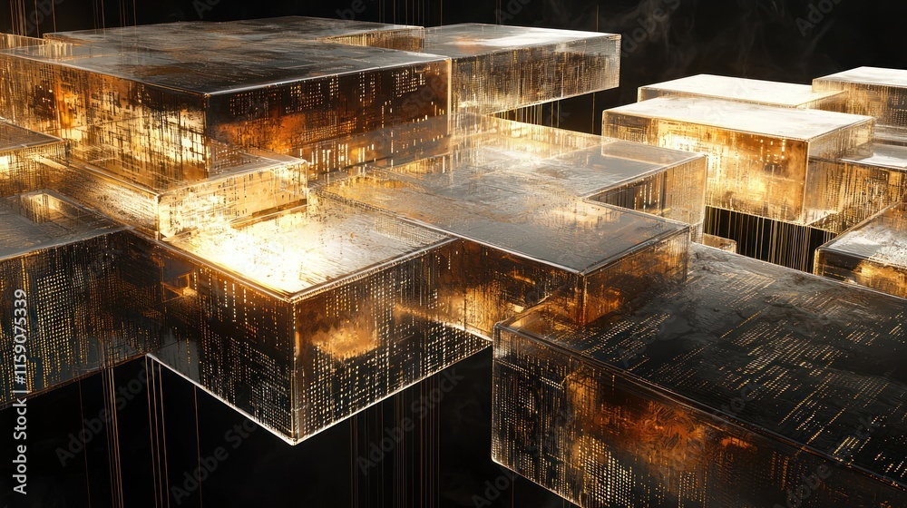 Abstract amber glass blocks, futuristic architecture. Abstract amber glass blocks, futuristic architecture.