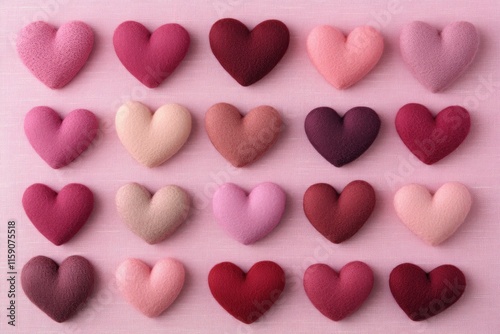 Colorful Fabric Hearts on a Soft Pink Background