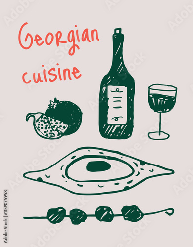 Hand drawn Georgian cuisine with Khachapuri, wine bottle and glass, pomegranate, grilled meat. Traditional food collection. Use for invitations, menus, posters, flyers. Flat vector illustration. 