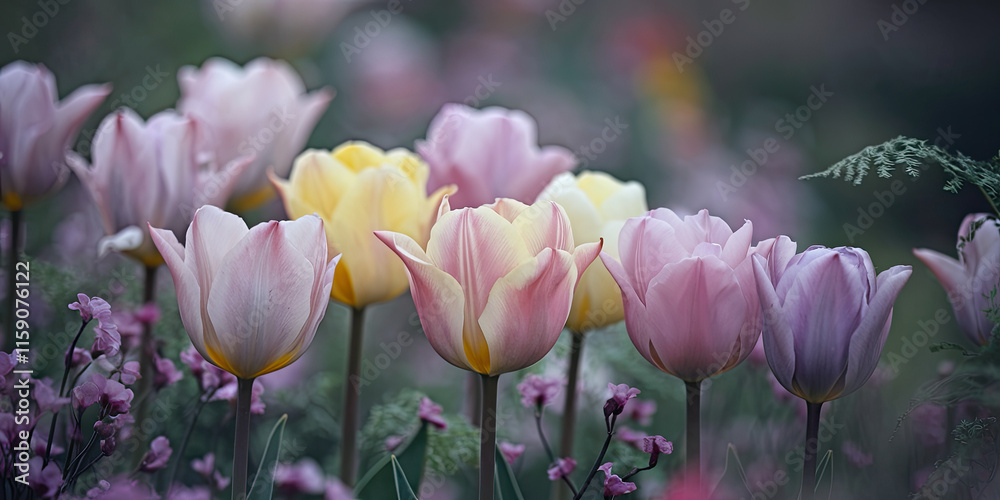 Fototapeta premium Pastel Tulips Spring Bloom Garden Flowers Nature Photography