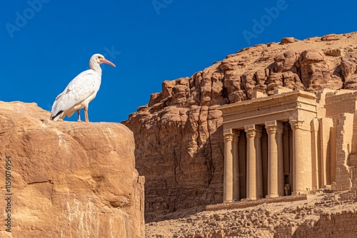 A sacred ibis perched on an ancient stone near an Egyptian temple, symbolizing its historical reverence photo