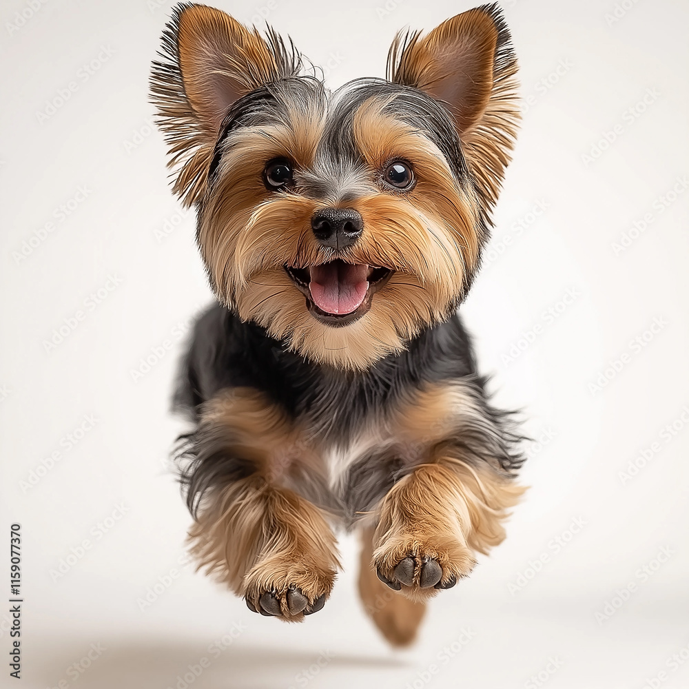Happy yorkshire terrier jumping with white background Happy yorkshire terrier jumping with white background