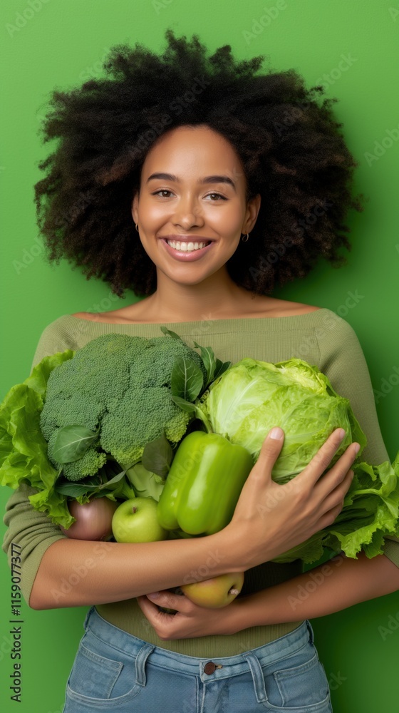 A Black woman smiles while holding a variety of fresh vegetables against a green background during National Nutrition Month A Black woman smiles while holding a variety of fresh vegetables against a green background during National Nutrition Month