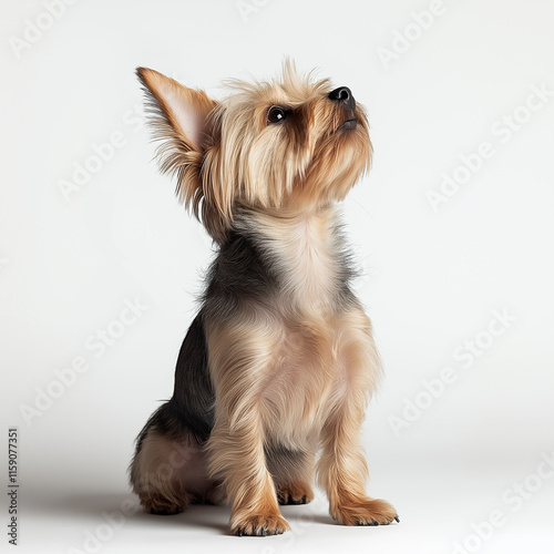 Curious yorkshire terrier sitting and looking up on white background