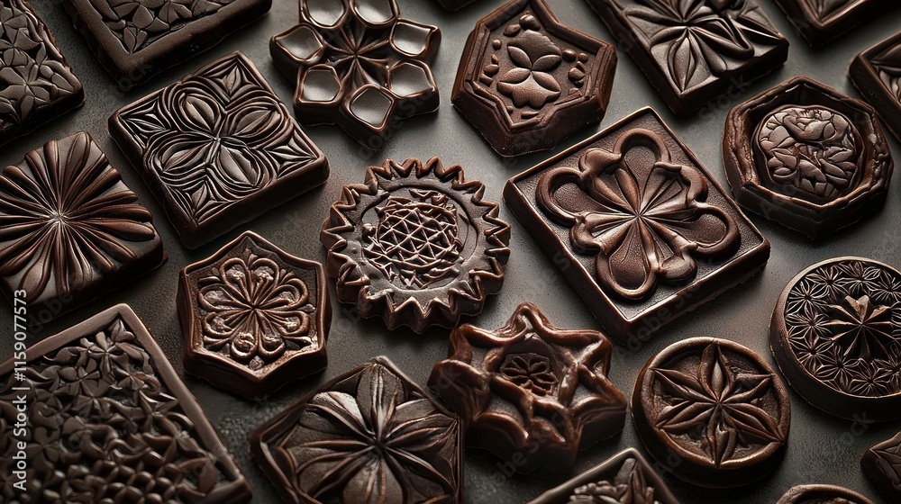 Assorted dark chocolate pieces with intricate carvings.