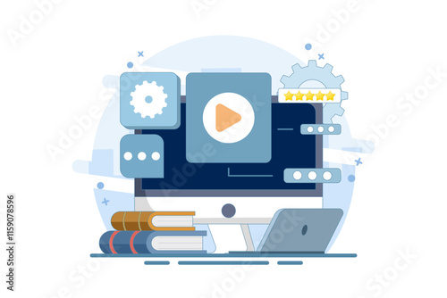 Distance learning and online education concept. online self-study on internet education platform. Student talking to teacher. Course review. Flat Cartoon Vector Illustration.