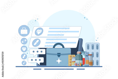 Online health telemedicine concept. Online medical consultation and healthcare services via internet clinic mobile application connected to computer. Online doctor consultation. Flat vector illustrati