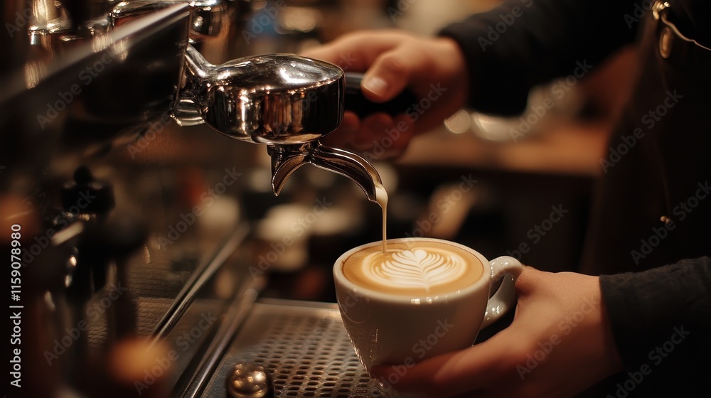 Espresso pouring into latte art. Shows barista making a delicious cappuccino. Espresso pouring into latte art. Shows barista making a delicious cappuccino.