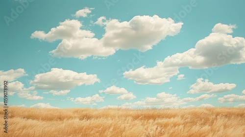 A charming Pampa grass field with a pale light blue sky, creamy clouds, and a rustic charm