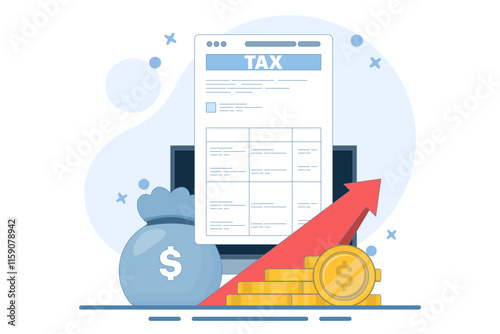 Tax Document Concept with Stack of Gold Coins. Taxable Income Concept Design that is Increasing. taxation, tax form or paper legal document, Business and finance flat design illustration.