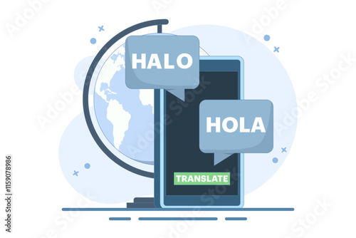 Translation concept. Online translator. Modern flat cartoon style. Online multilingual translator app concept, Using translator app on smartphone to learn languages. Vector illustration.