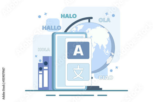 Translation concept. Online translator. Modern flat cartoon style. Online multilingual translator app concept, Using translator app on smartphone to learn languages. Vector illustration.