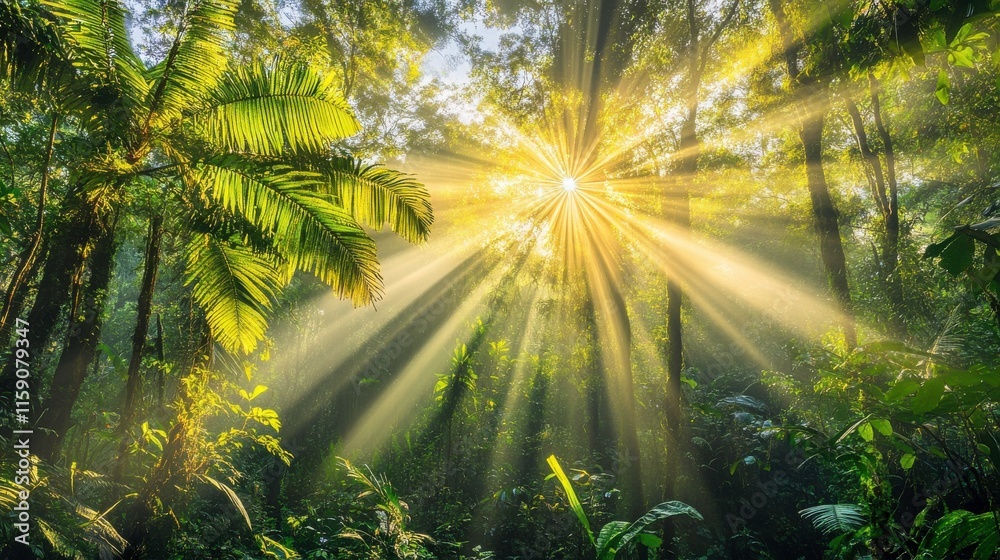 Obraz premium Sunlight Burst Through Lush Forest Canopy