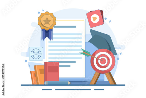 Online learning concept achieve educational goals in web environment beside computer screen with diploma. self development. Skills improvement. Flat vector illustration landing page template design.