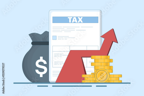 Tax Document Concept with Stack of Gold Coins. Taxable Income Concept Design that is Increasing. taxation, tax form or paper legal document, Business and finance flat design illustration.