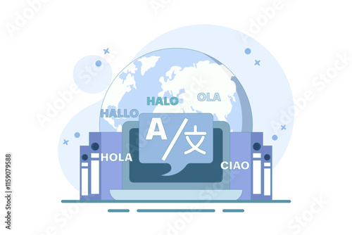 Translation concept. Online translator. Modern flat cartoon style. Online multilingual translator app concept, Using translator app on smartphone to learn languages. Vector illustration.