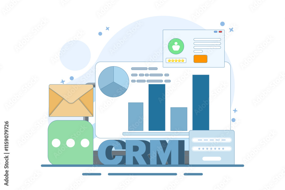 CRM concept for business, customer relationship management. Business uses CRM software to manage customers, Business analytics, CRM technology, vector illustration with icons on background. CRM concept for business, customer relationship management. Business uses CRM software to manage customers, Business analytics, CRM technology, vector illustration with icons on background.