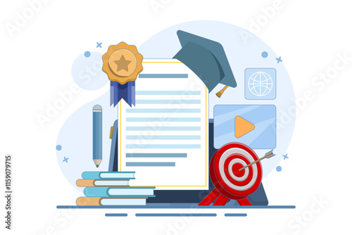 Online learning concept achieve educational goals in web environment beside computer screen with diploma. self development. Skills improvement. Flat vector illustration landing page template design.