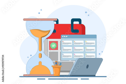 Planning concept Time management, schedule, deadline, planner, planning and organizing. Time organization efficiency. Project team work schedule. Good business process. Flat vector illustration.