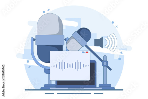 Podcast and broadcasting concept. Radio studio talking into microphone and recording audio podcast or live online interview. Flat design suitable for various purposes. Flat vector illustration.