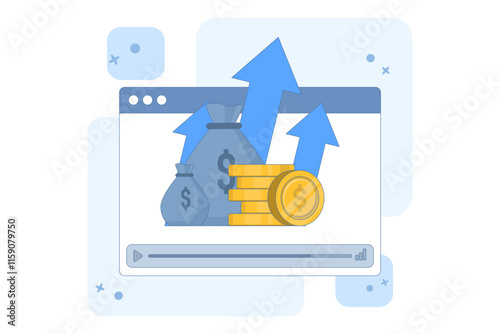 Concept of online financial courses on investment, trading and budgeting, internet educational videos, watch digital webinars on investment business commercial management. Vector illustration.