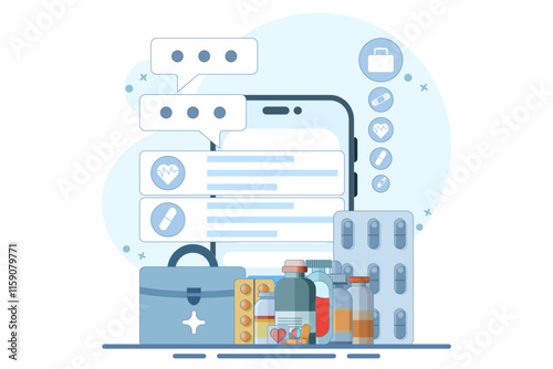 Online health telemedicine concept. Online medical consultation and healthcare services via internet clinic mobile application connected to computer. Online doctor consultation. Flat vector illustrati