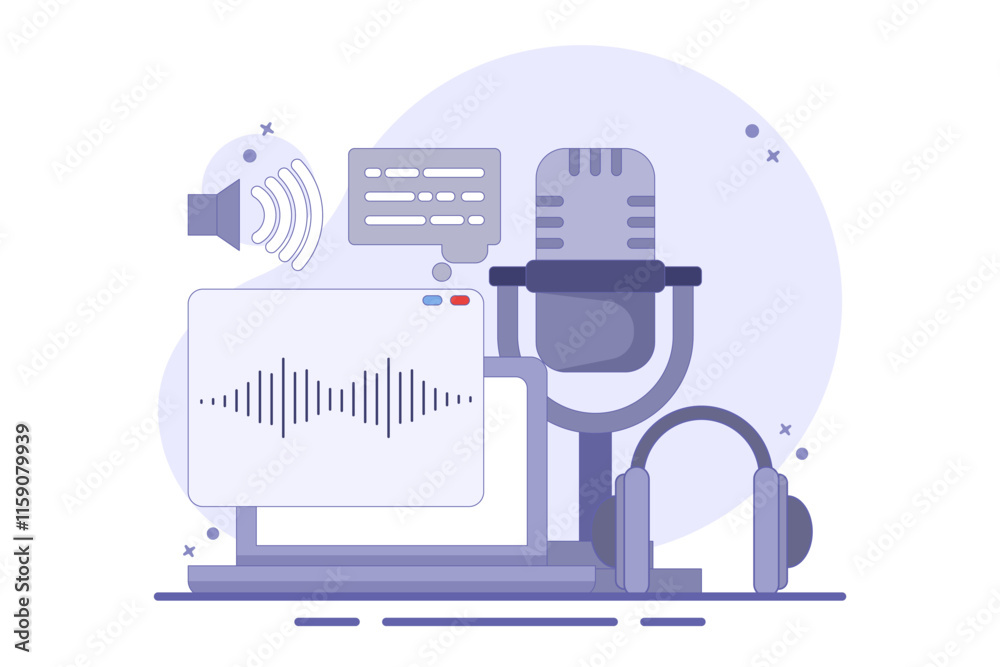 Obraz premium Podcast and broadcasting concept. Radio studio talking into microphone and recording audio podcast or live online interview. Flat design suitable for various purposes. Flat vector illustration.