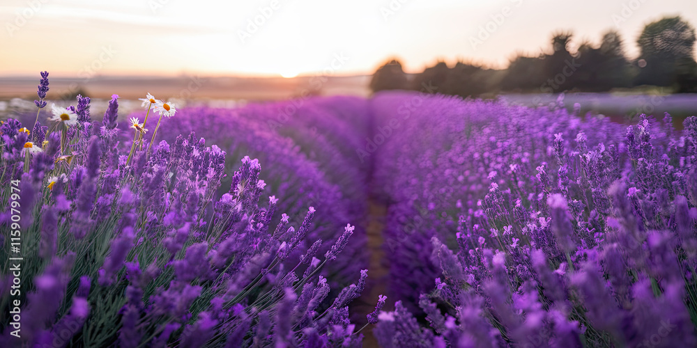 Obraz premium Lavender Field Sunset Purple Flowers Summer Bloom Nature