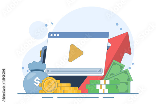 Concept of online financial courses on investment, trading and budgeting, internet educational videos, watch digital webinars on investment business commercial management. Vector illustration.