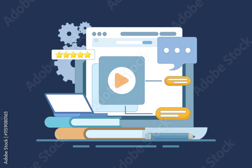 Distance learning and online education concept. online self-study on internet education platform. Student talking to teacher. Course review. Flat Cartoon Vector Illustration.