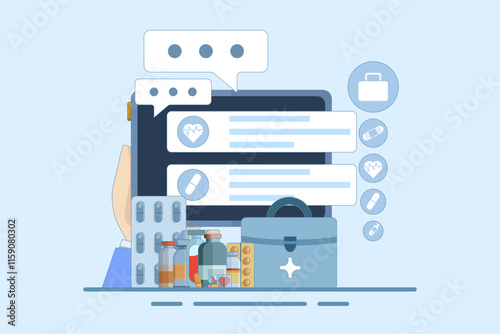 Online health telemedicine concept. Online medical consultation and healthcare services via internet clinic mobile application connected to computer. Online doctor consultation. Flat vector illustrati