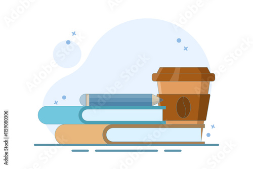 education concept, paper coffee cup with books. Takeaway coffee, takeaway coffee, coffee shop, good morning. morning spirit to face the day. flat vector design illustration on background.